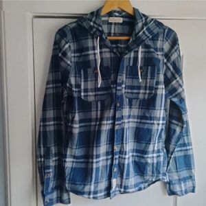 Hollister Men's Sz M Navy Blue Plaid Drawstring Hooded Button Down Cotton Shirt
